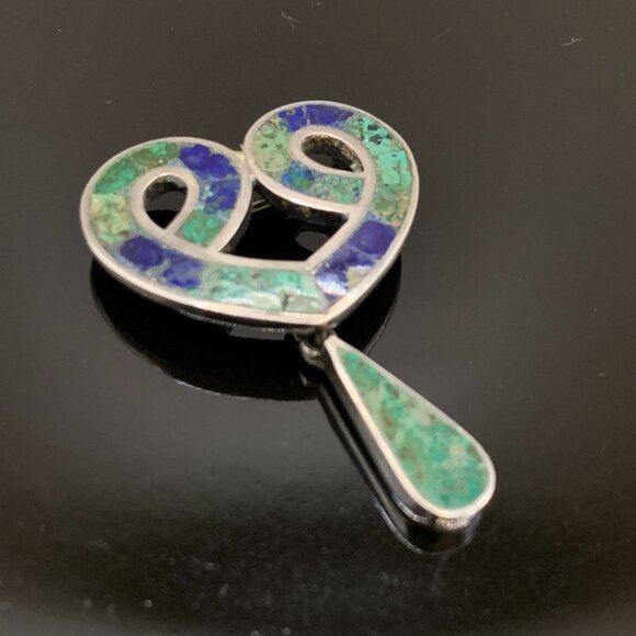 TAXCO Los Castillo Mexico Eagle 15 Heart Azteca 207 Brooch Malachite Chrysocolla - Picture 4 of 12